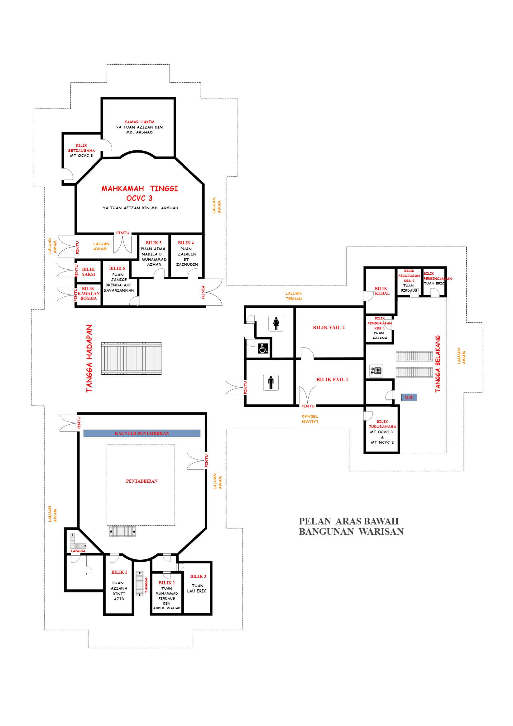 Pelan Tingkat Bawah dan Tingkat Atas Bangunan Utama, Mahkamah Negeri Pulau Pinang